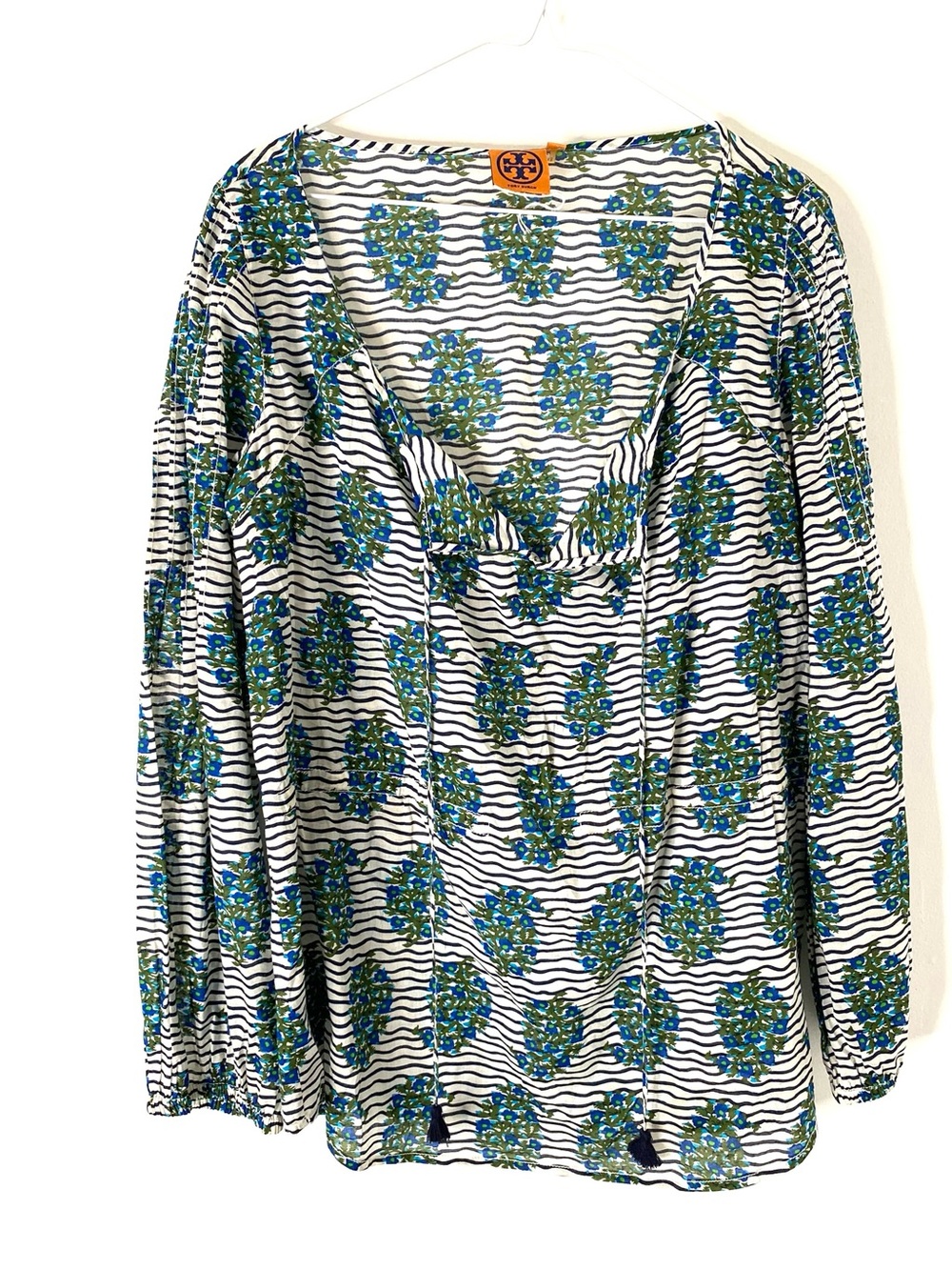 Tory Burch Blue Floral Stripe Cotton Pleated Long Sleeve Tassel Blouse